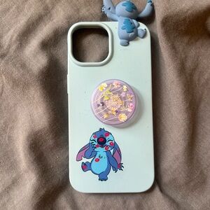 Light Blue Stitch  iPhone 14  Case with Purple Floral Popsocket